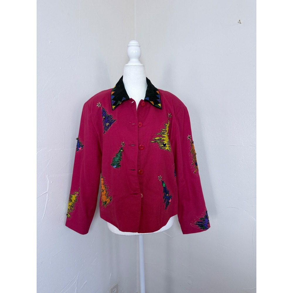 Vintage Anage Red Christmas Tree Embroidered Beaded Jacket L Cotton